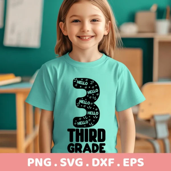 A smiling young girl in a classroom setting wears a t-shirt with a "Third Grade SVG Design" featuring a large number 3 filled with "hello" and stars, above the words "Third Grade," available as a digital download bundle (SVG, PNG).