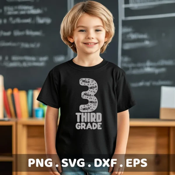 A young child smiles wearing a black t-shirt with a "Third Grade SVG Design" featuring the number 3 and the words "Third Grade," indicating a back-to-school theme, available as a digital download bundle (SVG, PNG).