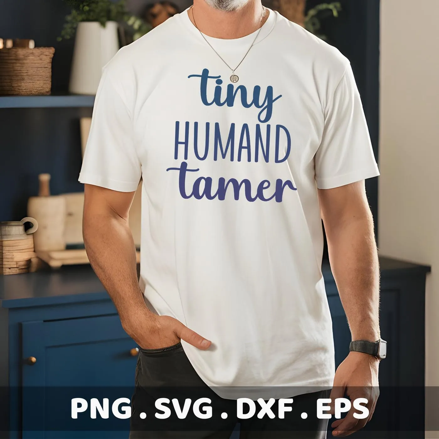Man wearing white t-shirt with "Tiny Humand Tamer" design. Humand Tamer SVG file for Cricut, Silhouette.