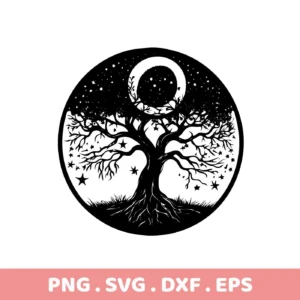 Black and white silhouette of a Mother's Tree SVG Design with a crescent moon and stars, presented as a digital download bundle (SVG, PNG).