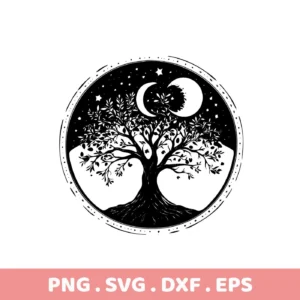 Black and white circular Mother's Tree SVG Design featuring a detailed tree silhouette against a starry night sky with a crescent moon, available as a digital download bundle.
