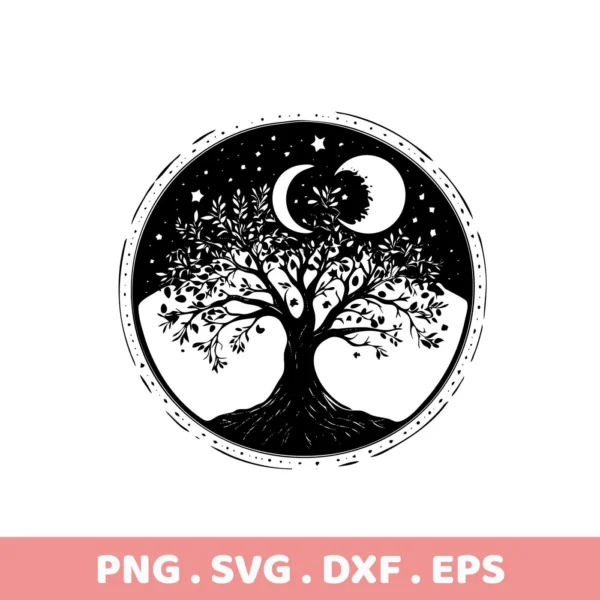 Black and white circular Mother's Tree SVG Design featuring a detailed tree silhouette against a starry night sky with a crescent moon, available as a digital download bundle.