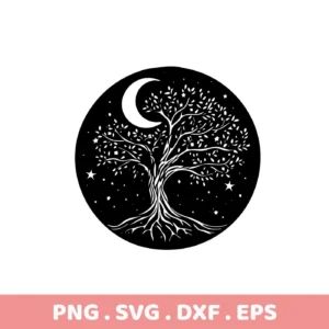 Black and white Mother's Tree SVG Design featuring a tree silhouette with a crescent moon and stars within a circular frame, available as a digital download bundle including SVG and PNG formats.