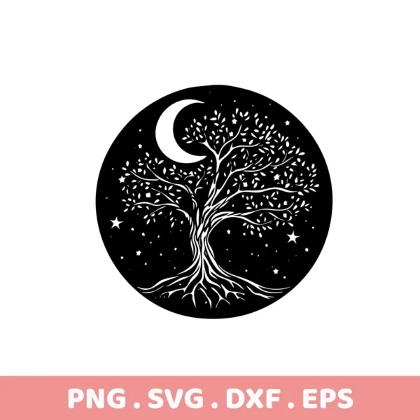 Black and white Mother's Tree SVG Design featuring a tree silhouette with a crescent moon and stars within a circular frame, available as a digital download bundle including SVG and PNG formats.