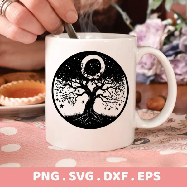 A white mug displays a black "Mother's Tree SVG Design" featuring a tree silhouette with stars and a crescent moon within a circular frame, representing a digital download bundle (SVG, PNG).
