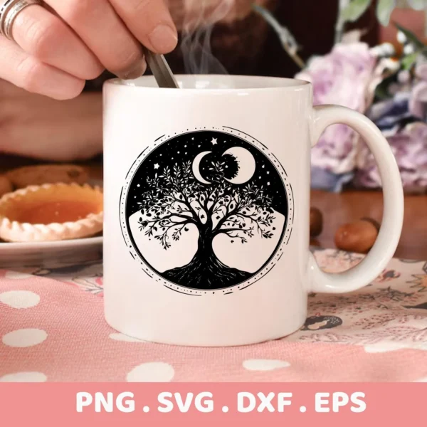 A white mug displays a "Mother's Tree SVG Design" featuring a celestial tree of life with moon and stars, representing a digital download bundle (SVG, PNG).