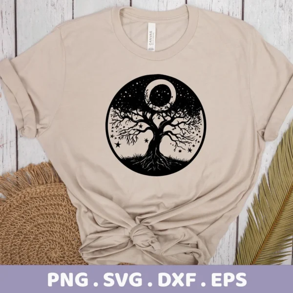 A beige t-shirt displays a black circular design featuring a Mother's Tree SVG Design with a crescent moon, stars, and celestial elements; this is a digital download bundle including SVG and PNG files.
