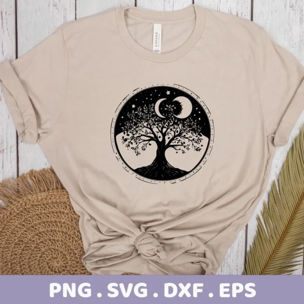 A beige t-shirt displays a black circular "Mother's Tree SVG Design" featuring a tree of life silhouette with moon and stars, representing a digital download bundle (SVG, PNG).