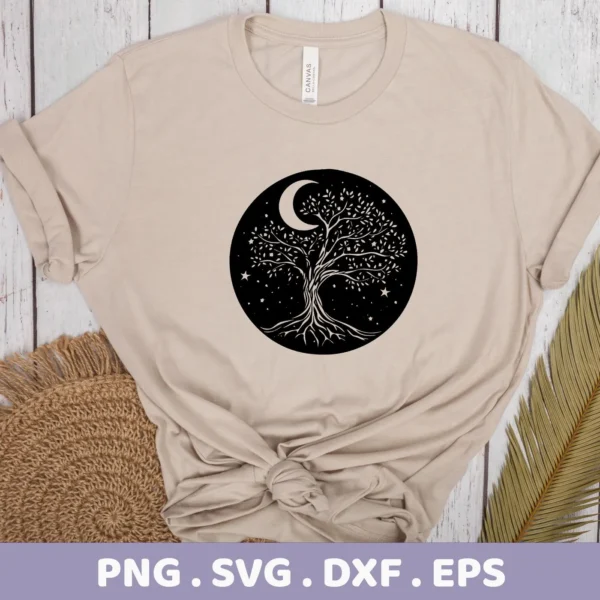 A beige t-shirt displays a black circular design featuring a Mother's Tree SVG Design with a crescent moon, stars, and intricate roots, representing a digital download bundle (SVG, PNG).