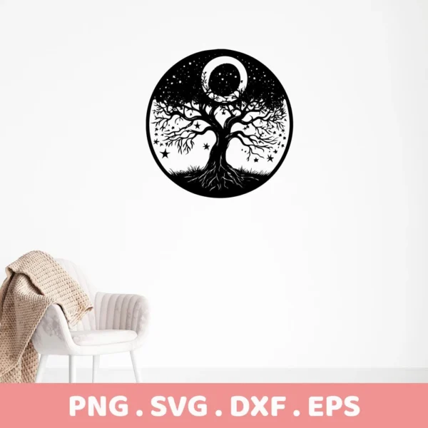 Black and white Mother's Tree SVG Design featuring a tree silhouette with exposed roots, stars, and a crescent moon within a circular frame, presented as a digital download bundle (SVG, PNG).