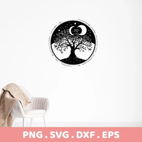 Black and white Mother's Tree SVG Design featuring a tree silhouette within a circle containing stars and a crescent moon, presented as a digital download bundle (SVG, PNG).