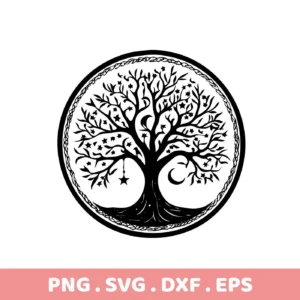 Black and white Mother's Tree SVG Design, a digital download bundle featuring a Celtic-style tree of life with stars and a crescent moon, enclosed in a circular, braided border.