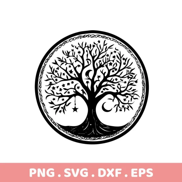 Black and white Mother's Tree SVG Design, a digital download bundle featuring a Celtic-style tree of life with stars and a crescent moon, enclosed in a circular, braided border.
