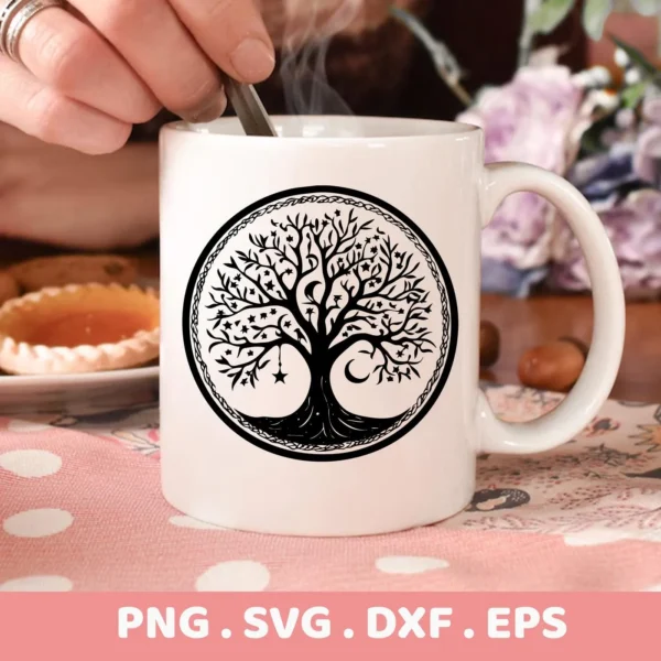 A white mug displays a black Mother's Tree SVG Design, a Celtic-style tree of life with stars and crescent moons, surrounded by a knotted circle, representing a digital download bundle including SVG and PNG files.