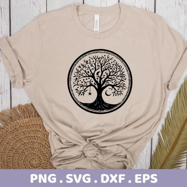 A beige t-shirt displays a black circular design of a Mother's Tree SVG Design with stars and crescent moons, surrounded by a Celtic knot border; a digital download bundle including SVG and PNG formats.