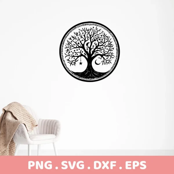 Black silhouette of a Mother's Tree SVG Design, featuring a tree with Celtic knot details inside a circular frame, presented as a digital download bundle (SVG, PNG).