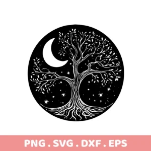 Black and white Mother's Tree SVG Design featuring a celestial tree of life with a crescent moon and stars, available as a digital download bundle.