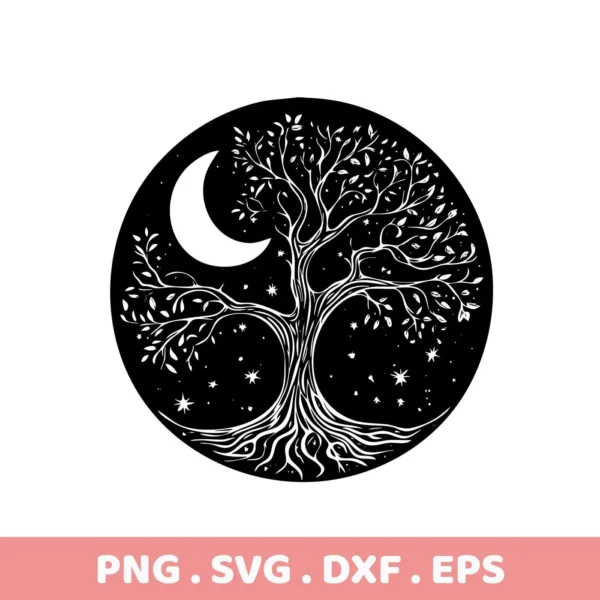 Black and white Mother's Tree SVG Design featuring a celestial tree of life with a crescent moon and stars, available as a digital download bundle.