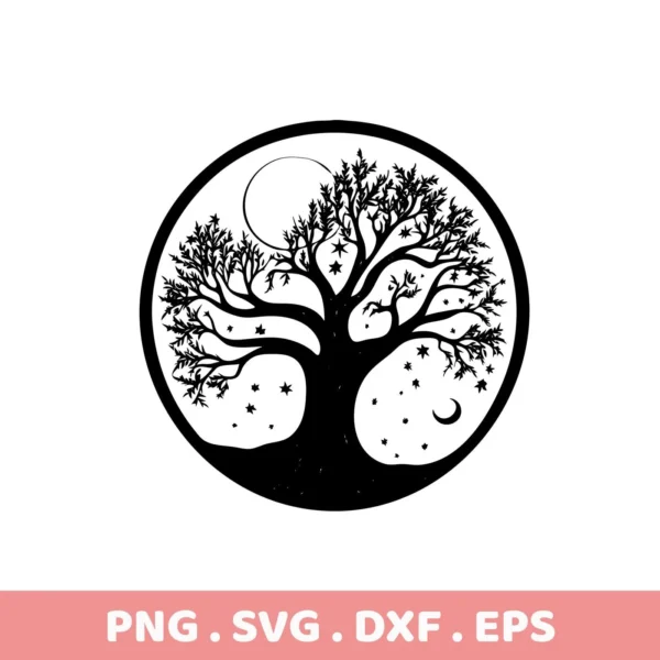 Black and white silhouette of a Mother's Tree SVG Design, featuring a tree with celestial elements like the moon and stars within a circular frame, available as a digital download bundle (SVG, PNG).