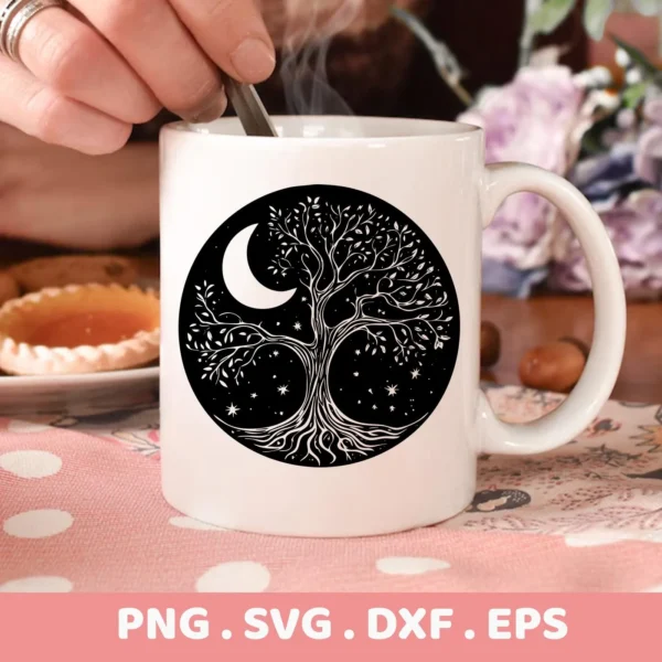 Close-up of a white mug featuring a "Mother's Tree SVG Design" with a celestial tree of life illustration including a crescent moon and stars, representing a digital download bundle (SVG, PNG).