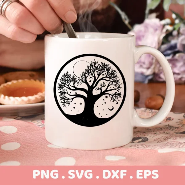 Close-up of a white mug featuring a black "Mother's Tree SVG Design" with a tree, moon, and stars inside a circle, representing a digital download bundle (SVG, PNG).