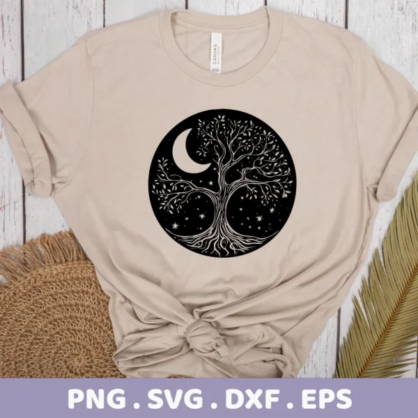 A beige t-shirt displays a "Mother's Tree SVG Design" featuring a celestial tree of life with a crescent moon and stars within a black circle, indicating a digital download bundle (SVG, PNG).
