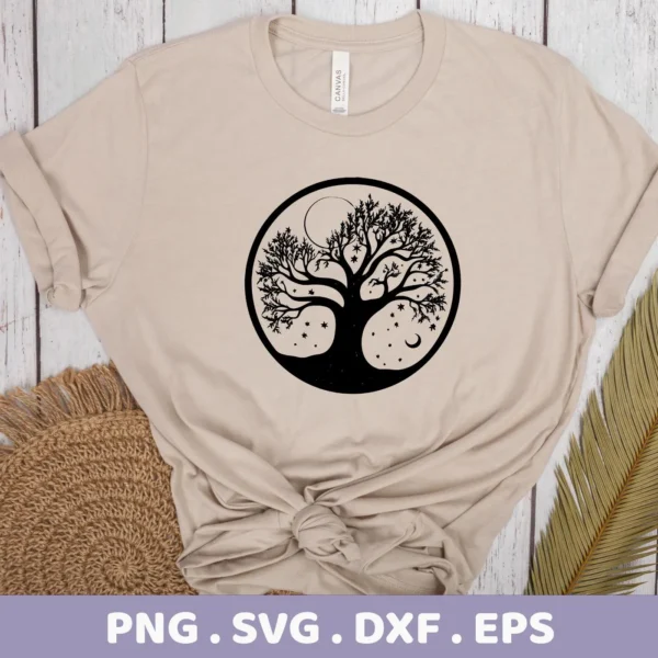A beige t-shirt displays a black circular design of a Mother's Tree SVG Design featuring a tree with celestial elements like the moon and stars, representing a digital download bundle including SVG and PNG formats.