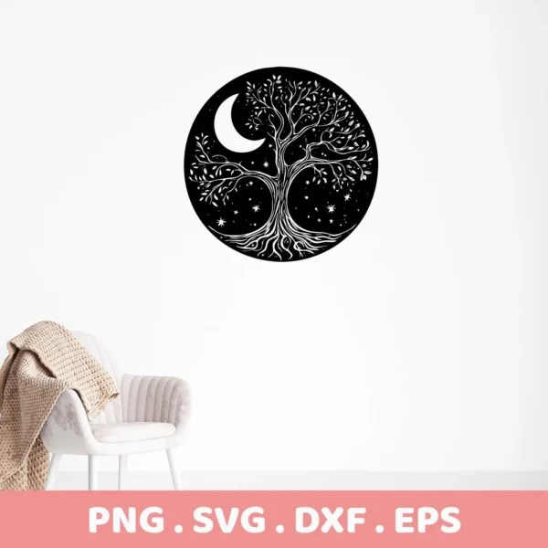 Black and white Mother's Tree SVG Design, a celestial tree of life with moon and stars, presented as a digital download bundle including SVG and PNG formats.