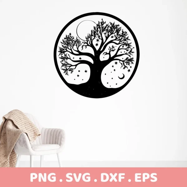 Black and white Mother's Tree SVG Design featuring a tree silhouette with stars, moon, and celestial elements, presented as a digital download bundle (SVG, PNG).