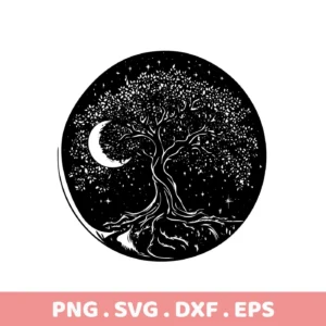 Black and white Mother's Tree SVG Design digital download bundle featuring a tree with exposed roots, a crescent moon, and stars within a circular frame.