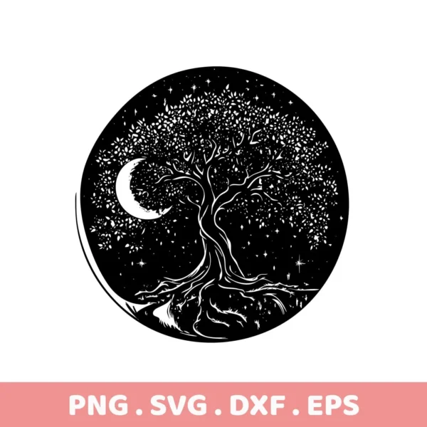 Black and white Mother's Tree SVG Design digital download bundle featuring a tree with exposed roots, a crescent moon, and stars within a circular frame.
