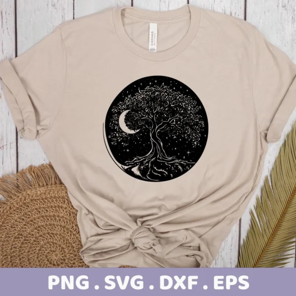 A beige t-shirt displays a circular black graphic of a Mother's Tree SVG Design featuring a detailed tree with roots, leaves, stars, and a crescent moon; this is a digital download bundle including SVG and PNG files.