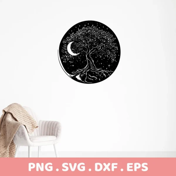 Black and white Mother's Tree SVG Design featuring a detailed tree with roots, leaves, stars, and a crescent moon within a circle, presented as a digital download bundle (SVG, PNG).