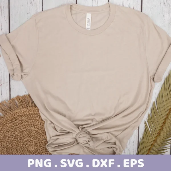 Beige t-shirt mockup, styled with a knotted front, alongside a woven placemat and palm frond, suggesting an Abstract Animal SVG Design digital download bundle (SVG, PNG, DXF, EPS).