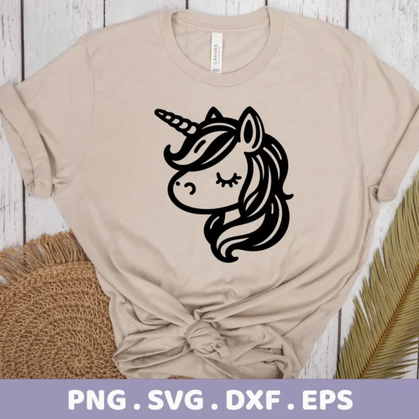 A beige t-shirt displays a black unicorn silhouette SVG Cricut design, part of a digital download bundle including SVG and PNG files.
