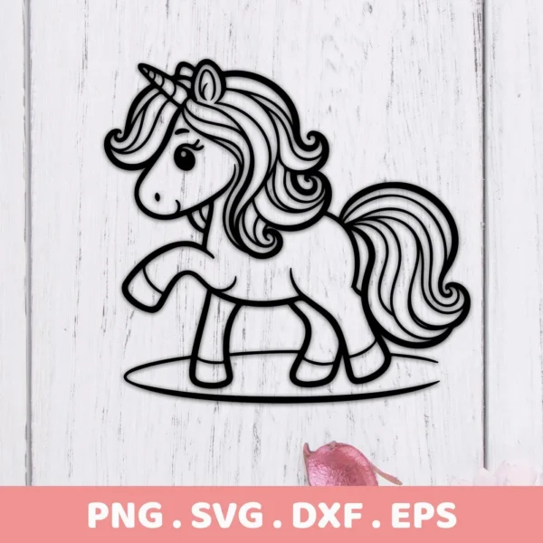 A black line art illustration of a cute unicorn, part of a digital download bundle including SVG and PNG formats, ideal for Cricut projects.