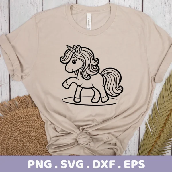 A beige t-shirt displays a black line art design of a cute unicorn, representing a Cute Unicorn SVG Cricut digital download bundle (SVG, PNG, DXF, EPS).