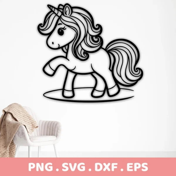 A black line art illustration of a cute unicorn with a flowing mane and tail, presented as a digital download bundle (SVG, PNG).