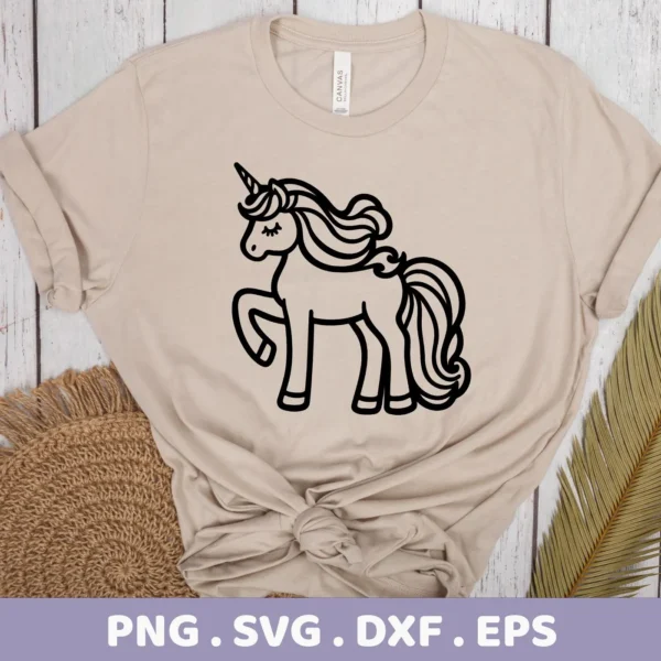 A beige t-shirt displays a black unicorn silhouette SVG Cricut design, part of a digital download bundle including SVG and PNG formats.