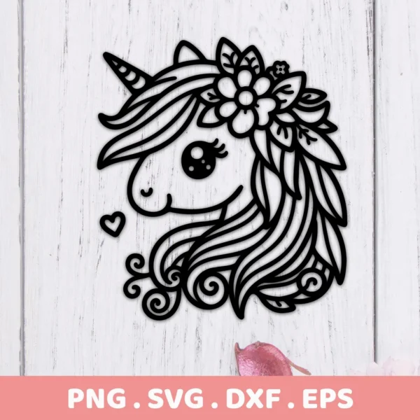 A black line art illustration of a cute unicorn head with a floral crown, part of a Floral Unicorn SVG Cricut Design digital download bundle (SVG, PNG).