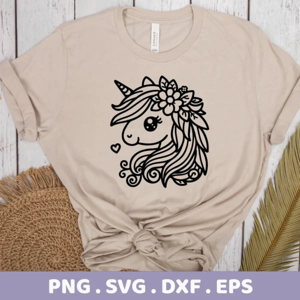 A beige t-shirt displays a black line art design of a floral unicorn SVG Cricut design, indicating a digital download bundle including SVG and PNG files.
