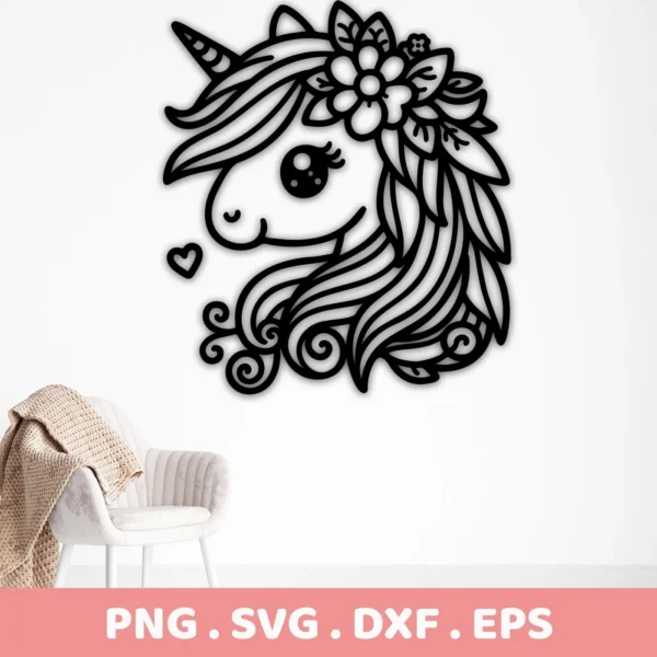 Floral Unicorn SVG Cricut Design: A stylized, black and white line art illustration of a unicorn head adorned with flowers, presented as a digital download bundle (SVG, PNG).