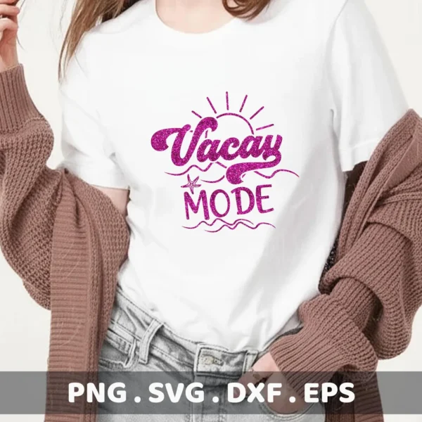A woman wearing a white t-shirt with a glittery pink "Vacay Mode" design featuring a sun, waves, and a starfish, representing a summer vacation theme; this is a digital download bundle including SVG and PNG files.
