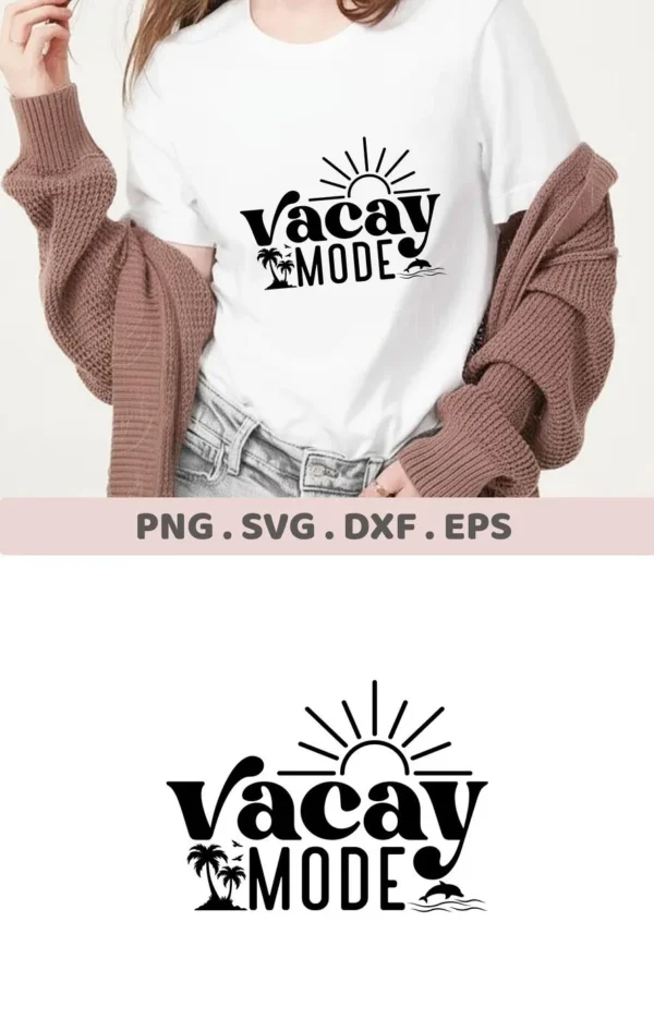 Dolphin Vacay Mode SVG" design on a white t-shirt, featuring palm trees, a sun, and a dolphin, available as a digital download bundle including SVG and PNG files.