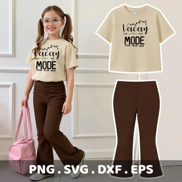 A young girl models a "Vacay Mode" t-shirt, alongside a digital mockup of the shirt and pants, advertising a Vacay Mode SVG design digital download bundle including SVG and PNG files.