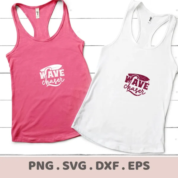 Two tank tops, one pink and one white, display the "Wave Chaser" design, showcasing a digital download bundle (SVG, PNG) for Cricut and other cutting machines.
