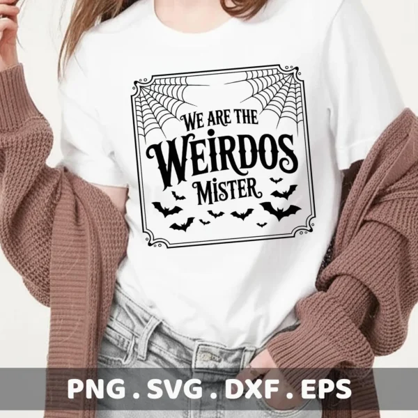 A woman models a white t-shirt featuring a "We Are The Weirdos Mister" Cricut Design with bats and spiderwebs, intended for Halloween-themed cutting or serigraphy projects.