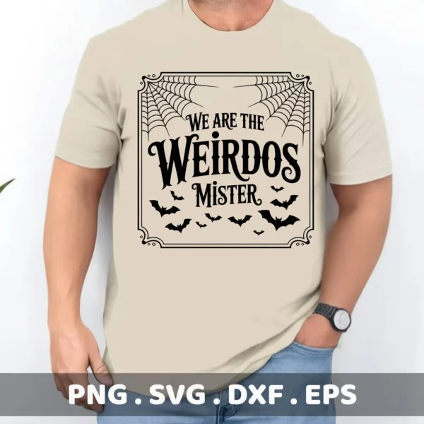 A man wears a t-shirt with a "We Are The Weirdos Mister" Cricut Design featuring bats and spiderwebs, intended for cutting or serigraphy applications.