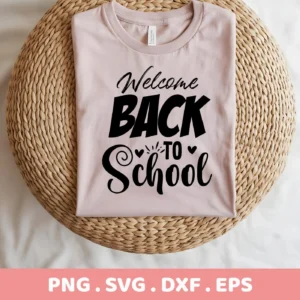 A folded light pink t-shirt with the text "Welcome Back to School" in black lettering, displayed on a woven mat, representing a Back to School SVG digital download bundle.