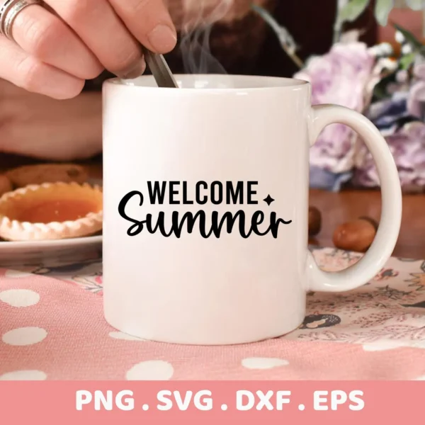 Close-up of a white mug with the "Welcome Summer" SVG design, part of a digital download bundle including PNG, DXF, and EPS formats.